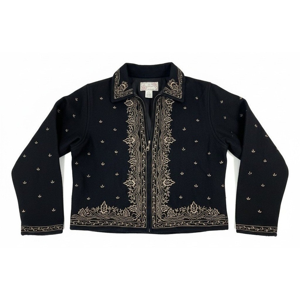 New Directions Embroidered Wool Blend Jacket Boho Folk Cropped Black Artisan LG